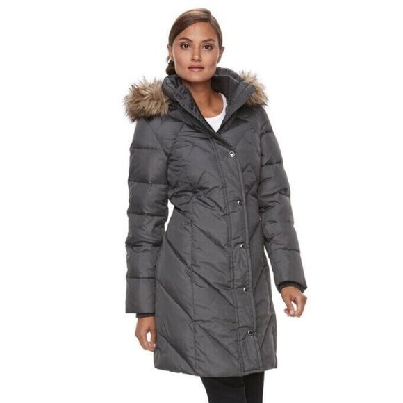 London Fog Women's Faux Fur Hooded Puffer Coat, SLATE, 3X